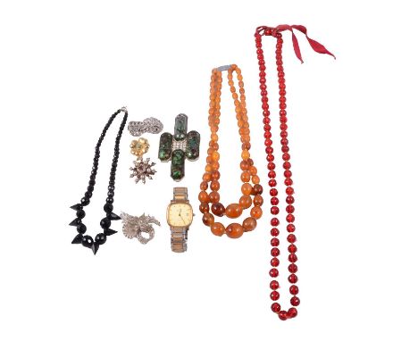 A 9 carat gold wristwatch, simulated pearls, costume jewellery, bead necklaces, a lady's vintage 9 carat rose gold wristwatch