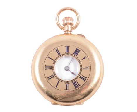 An 18K half hunter fob watch, white enamel dial with roman numeral chapter ring in plain polshed outer and inner cases, black