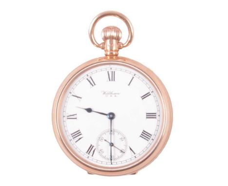 Waltham - a 9 carat yellow gold open face pocket watch, white enamel dial with roman numeral chapter ring and subsidiary seco