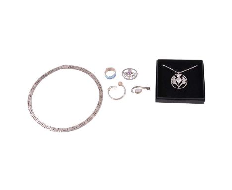 Tiffany &amp; Co scarf ring, Sheila Fleet ring, silver pendants and necklet, Tiffany &amp; Co - a golf club scarf ring, marke