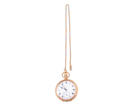 Sir John Bennett Ltd, London - an 18 carat yellow gold open face pocket watch and bi-colour chain, white enamel dial with rom
