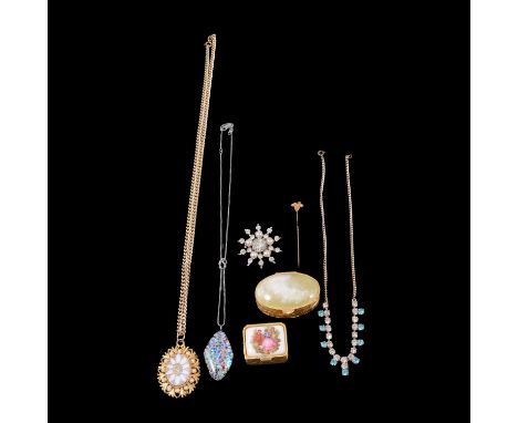A collection of vintage gold, white metal and costume jewellery, a 63mm yellow metal bar brooch set with a cabochon cut coral