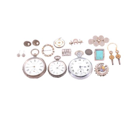 White metal pocket watch, fob watch, stainless steel pocket watch, and some white metal jewellery, J B Yabsley, London - a wh