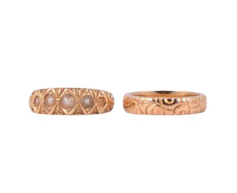 Two Victorian 18 carat gold rings, one pearl set, an 18 carat yellow gold tapered band set with four seed pearls (one missing