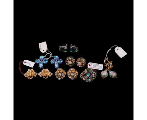 1930's and later clip-on and screw fitting earrings, a pair of blue crystal drops; filigree butterflies; glass foil bead drop
