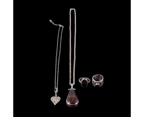 A David Walker Blue John pendant, a Blue John ring, a silver ring, and a pendant on a chain, a 38mm pear shaped Blue John pen