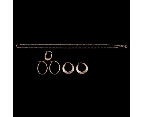 Two pairs of hoop earrings for pierced ears; a single earring; and a fine chain; all marked 9K or 375; total weight 5.2g.