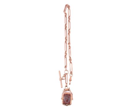 A 9 carat rose gold single Albert watch chain with fob, each of the 6mm gauge hollow rectangular and oval links marked 9 375,