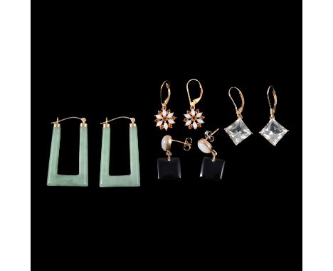 Four pairs of gemset earrings for pierced ears, jade, praseolite, and others, a pair of angular jade earrings, 32x21mm, with 