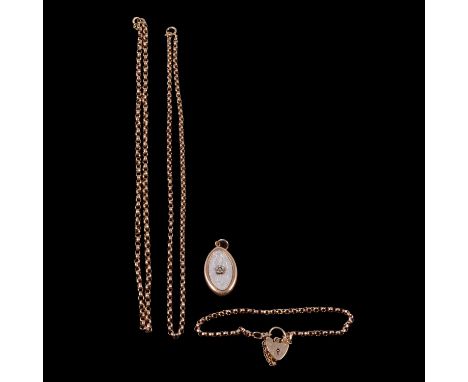 Three pieces of chain, and an enamel pendant, two yellow metal 2.2mm and 3mm gauge belcher link chain necklaces, 40cm long; a