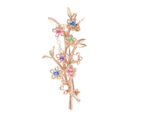A 9 carat yellow gold gemset brooch, the 50mm spray set with a small cabochon cut opal, turquoise, emerald, sapphire, amethys