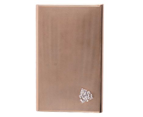 Asrey of London - a 9 carat yellow gold diamond set cigarette case, the engine turned case, 13x8.5cm with applied Art Deco st