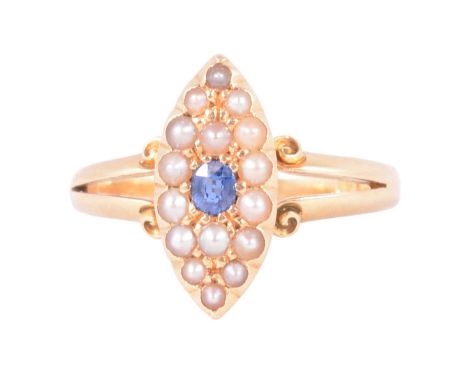 A Victorian sapphire and seed pearl marquise cluster ring, the oval mixed cut sapphire surrounded by sixteen graduated seed p