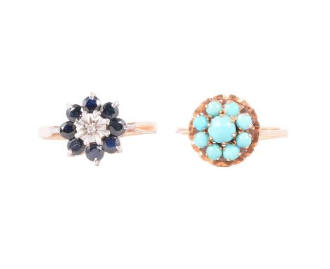 Two gold dress rings, turquoise, sapphire and diamond, a yellow metal ring set with a 1.8mm diameter cluster of nine turquois