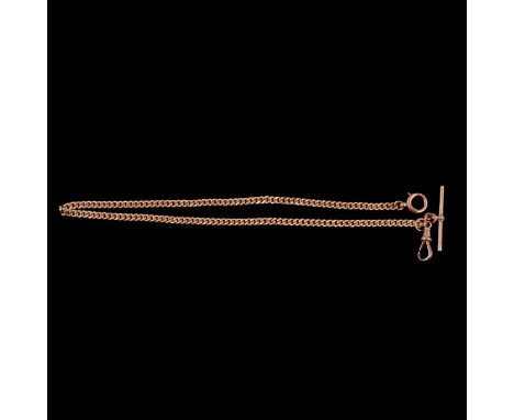 A 3.2mm gauge 9 carat rose gold double Albert watch chain, solid non-graduated curb link chain fitted with a T bar, swivel an