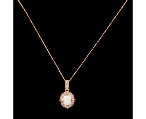 An opal and diamond pendant on a chain, the oval cabochon cut opal, approximately 9x7mm, claw set in a closed back setting, s
