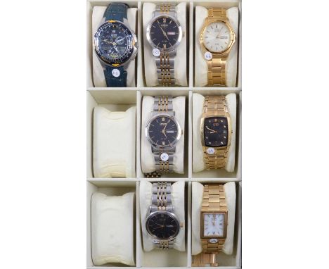 Citizen - seven Eco-Drive wristwatches, a Skyhawk Blue Angels wristwatch, 28mm black baton dial with centre seconds hand, thr