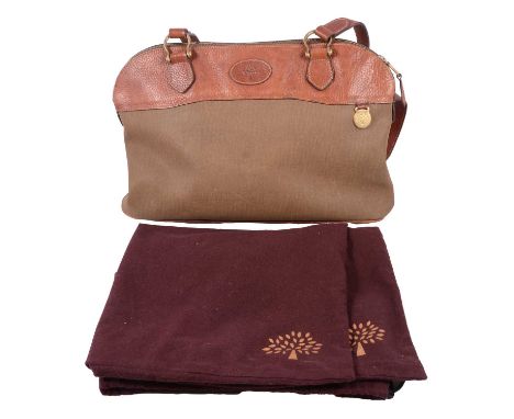 Mulberry - a canvas style zip-top bag with calf leather trim, 23x39cm, tartan fabric lined, serial number on disc 656980, wit