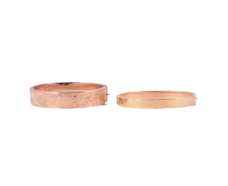 Two yellow metal half hinged bangles, a 6mm wide square section hollow bangle, plain polished finish, tongue snap fastener ma
