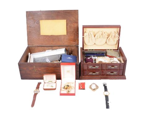 Vintage costume jewellery, wristwatches and other collectables in a jewel box and wooden box, a carved shell cameo brooch, fe