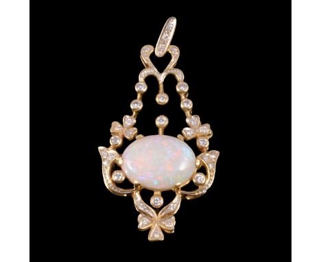 An opal and diamond brooch pendant, the cabochon cut opal, approximately 12x16mm, claw set to the centre of a yellow metal op