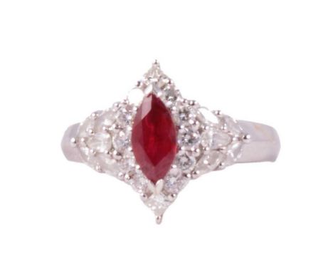 A modern ruby and diamond marquise cluster ring, the marquise cut ruby, 8x5mm, claw set and surrounded by ten brilliant cut d