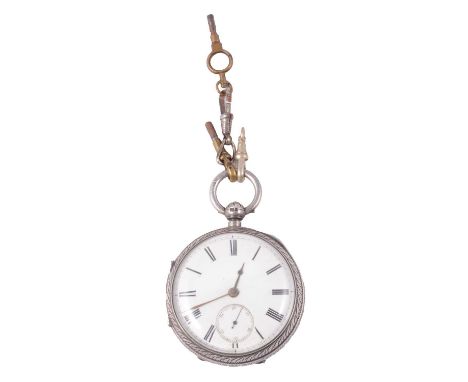 A large silver open face pocket watch, white enamel dial with Roman numeral chapter ring and subsidiary seconds dial in silve