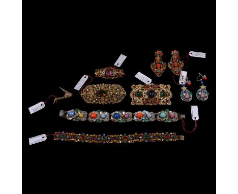 1930's and later Czechoslovakian paste set jewellery, some in the style of Max Neiger of Gablonz, a 65x35mm rectangular brooc