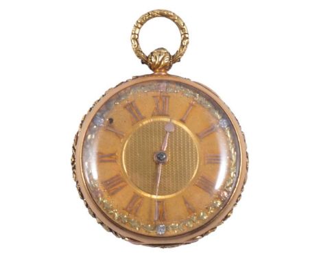 An 18 carat yellow gold open face pocket watch, the gold dial with Roman numeral chapter ring, engine turned centre and trico