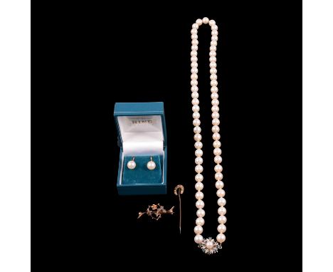 A cultured pearl necklace, earrings, brooch and tie pin, the cultured pearl necklace having sixty-five 7.6mm pearls, knotted 