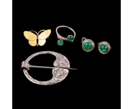 A Norwegian yellow enamel butterfly brooch, green onyx ring and earclips, Celtic brooch, a 28mm Norwegian yellow enamel butte