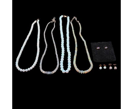 Natural and simulated opal bead necklaces, and earrings for pierced ears, four bead necklaces, 45cm; and eleven pairs of earr