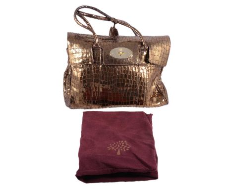 Mulberry - a Bayswater Metallic Mock Croc Print leather handbag, 30x35cm, gold/olive tone, serial number on bag 752980, with 