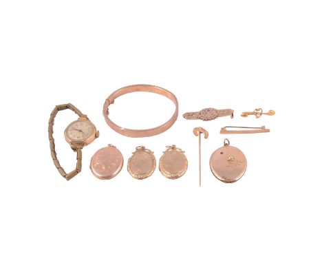Yellow metal tie pin, gold bangle, brooches, lockets, and wristwatch, an unmarked yellow metal tie pin with horseshoe finial,