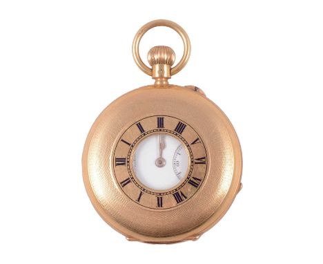 J W Benson - an 18 carat yellow gold half hunter pocket watch, white enamel dial with roman numeral chapter ring and subsidia