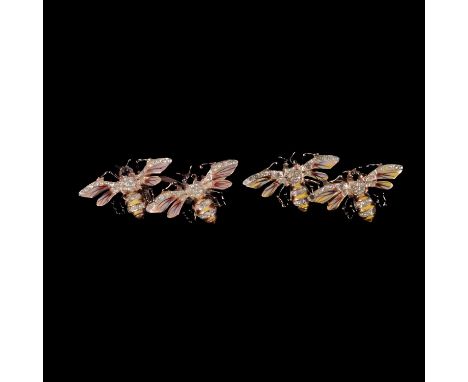 Two rare Coro Duette bee design silver-gilt fur clips, each having two bees in flight decorated in coloured enamels and set w