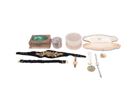 A collection of costume jewellery, watches, dressing table set, simulated pearl necklaces; a black velvet choker decorated wi