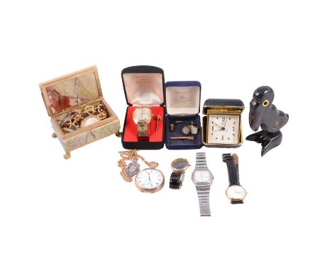 A collection of wrist and pocket watch, costume jewellery, pelican match striker, a gold-plated open face pocket watch with 4