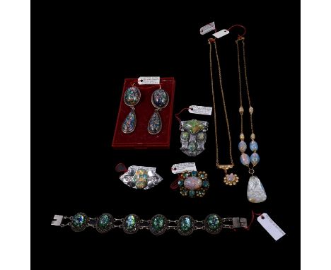A collection of 1930's and later faux opal jewellery, a silver coloured bracelet with five foiled glass cabochon gems; rhodiu