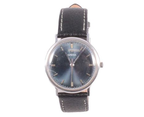 Omega - a gentleman's 1960's stainless steel wristwatch, 28mm circular blue dial with raised baton makers and centre seconds 