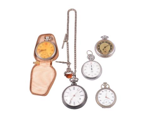 Five pocket watches, an early Victorian pair case pocket watch, white enamel dial with roman numeral chapter ring in a plain 