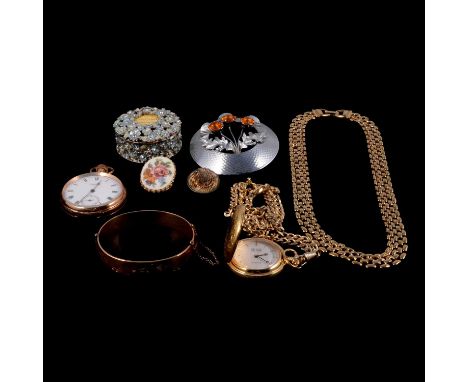 A collection of vintage jewellery, pocket watches, and wristwatches, an oval Wedgwood blue jasperware plaque on a white metal
