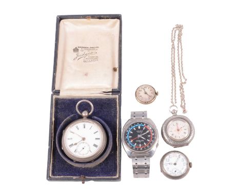 A collection of pocket watches, fob watch, and a Seiko quartz wristwatch, a silver open face pocket watch, white enamel dial 