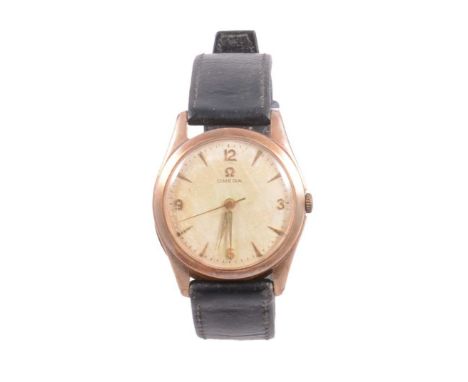 Omega - a gentleman's 9 carat yellow gold wristwatch, 26mm cream baton dial with quarter arabics and centre seconds hand in a