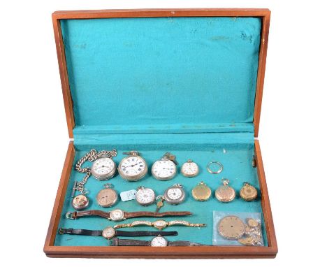 A wooden case containing pocket, fob and wristwatches, Albert watch chain and sovereign case, Simpson's of Brighton open face