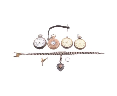 A gold-plated demi-hunter, three silver pocket watches and a silver Albert watch chain, a Fattorini &amp; Sons Ltd of Bradfor