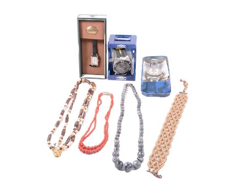 A collection of costume jewellery necklaces, wristwatches, penknives and coins, a collection of costume jewellery pendants, c