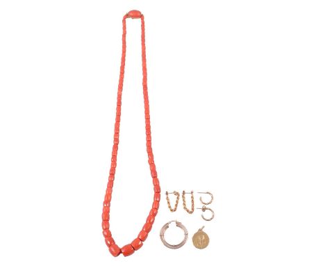 Yellow metal religious charm, two pairs of earrings, single earring and coral necklace, a yellow metal religious charm, marke