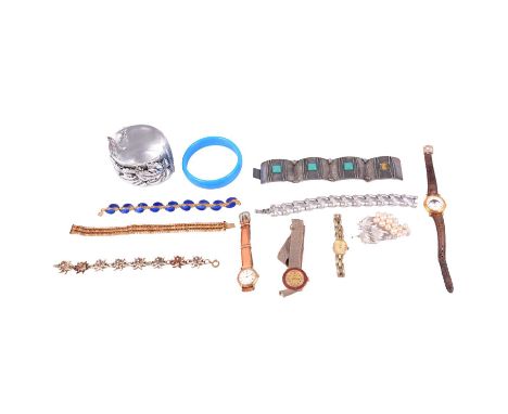 A collection of vintage bracelets, bangles, earclips, brooches and wristwatches, Randel - a blue and white paste herringbone 