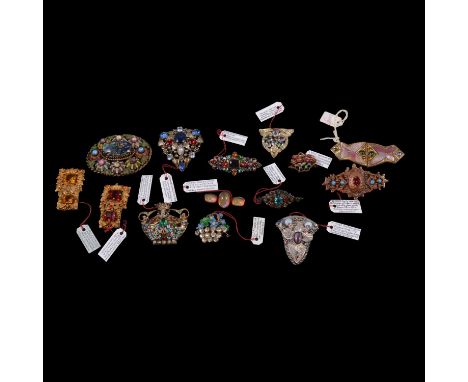 1930's and later Czechoslovakian paste set jewellery, an oval gilt metal brooch 60x50mm, enamelled flower heads each set with